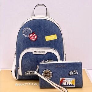 Michael Kors Jaycee Medium Blue Denim Backpack and Wallet Set